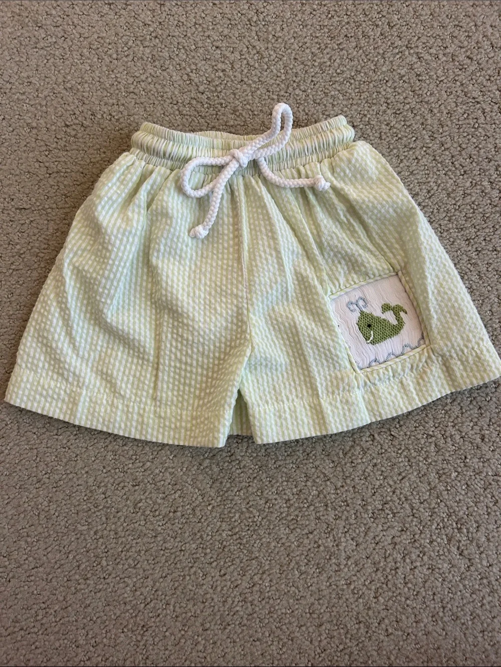 Sticky Fish Light Green Seersucker Kids Swimsuit with Smocked Green Whale